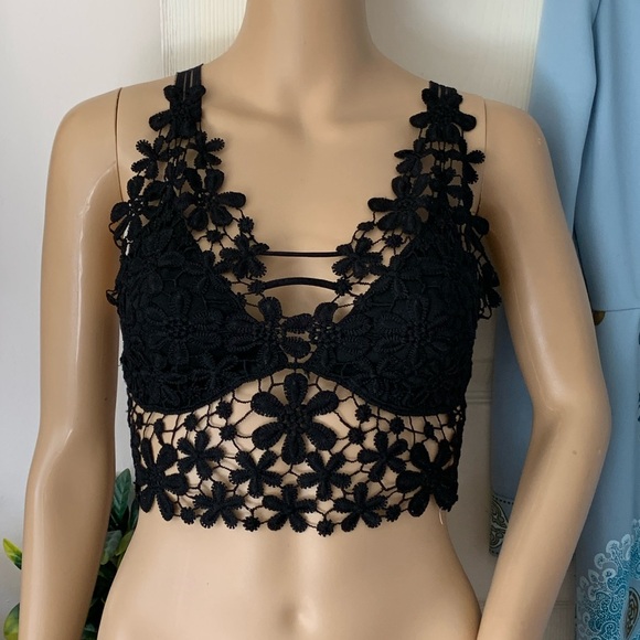 Black lace bra top crop bustier bralette flower cami - Picture 2 of 12